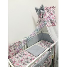 Szürke-rózsaszín kolibris prémium waffle darázsszövet babaágynemű szett