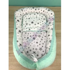 Babafészek - fehér-szürke csillagos + pihe-puha menta minky Babafészek - fehér-szürke csillagos + pihe-puha menta minky