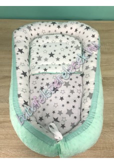 Babafészek - fehér-szürke csillagos + pihe-puha menta minky