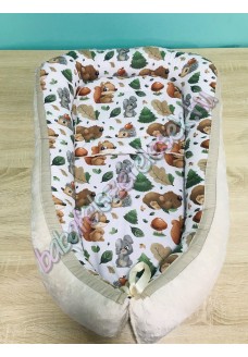 Babafészek - őszi erdei állatos + pihe-puha bézs minky