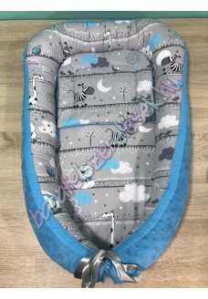 Babafészek - kék zebrás + pihe-puha minky