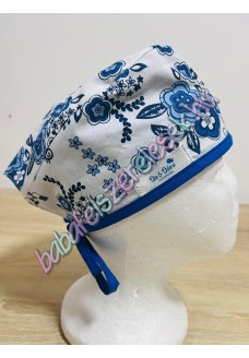 Műtős sapka - Királykék virágos