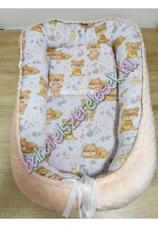 Babafészek - nyuszis-alvó macikás+ pihe-puha barack minky