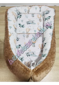 Babafészek - zöld hőlégballonos macis + pihe-puha kávébarna minky Babafészek - zöld hőlégballonos macis + pihe-puha kávébarna minky