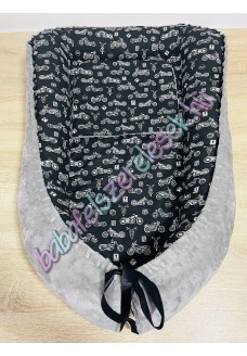 Babafészek - fekete motoros + pihe-puha középszürke minky