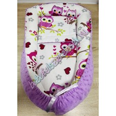 Babafészek - pink baglyos + pihe-puha lila minky