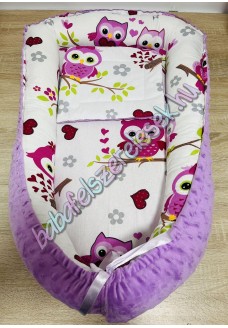 Babafészek - pink baglyos + pihe-puha lila minky Babafészek - pink baglyos + pihe-puha lila minky