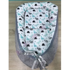 Babafészek - menta-szürke dínós + pihe-puha minky Babafészek - menta-szürke dínós + pihe-puha minky