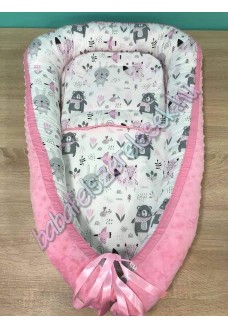 Babafészek - rózsaszín-szürke állatos + pihe-puha minky