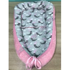 Babafészek - rózsaszín-szürke holdas + pihe-puha minky