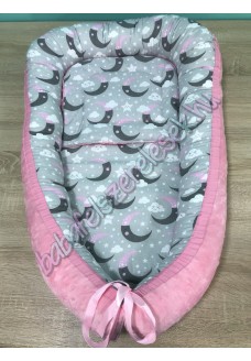 Babafészek - rózsaszín-szürke holdas + pihe-puha minky