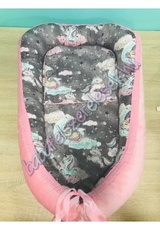 Babafészek - szürke unikornisos + pihe-puha minky