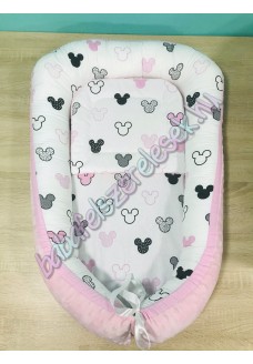 Babafészek - fehér-rózsaszín minnie fejes + pihe-puha rózsaszín minky