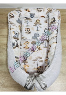 Babafészek - fehér állatkertes + pihe-puha világosszürke minky Babafészek - fehér állatkertes + pihe-puha világosszürke minky