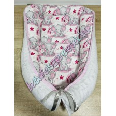 Babafészek - rózsaszín szivárványos elefántos + pihe-puha szürke minky Babafészek - rózsaszín szivárványos elefántos + pihe-puha szürke minky