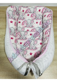 Babafészek - rózsaszín szivárványos elefántos + pihe-puha szürke minky Babafészek - rózsaszín szivárványos elefántos + pihe-puha szürke minky