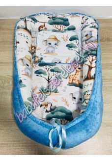 Babafészek - fehér dzsungeles + pihe-puha türkizkék minky Babafészek - fehér dzsungeles + pihe-puha türkizkék minky