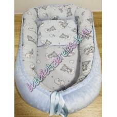 Babafészek - kék-szürke macikás + pihe-puha világoskék minky