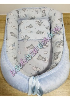 Babafészek - kék-szürke macikás + pihe-puha világoskék minky