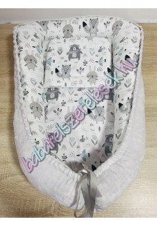 Babafészek - menta-szürke állatos + pihe-puha világosszürkeminky Babafészek - menta-szürke állatos + pihe-puha világosszürkeminky