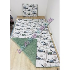 Bambuszzöld-kék-szürke munkagépes prémium ágynemű 