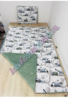 Bambuszzöld-kék-szürke munkagépes prémium ágynemű 