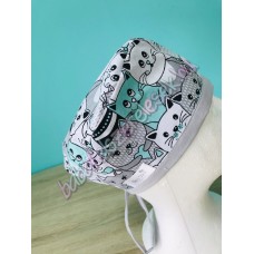 Műtős sapka - szürke-menta cicás